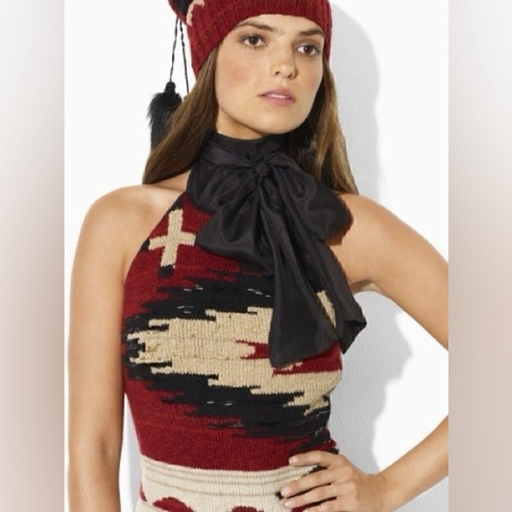 Ralph Lauren * 2011 Hand-Knit Red Beacon Blanket Beaded Halter with Silk Scarf - Picture 6 of 16